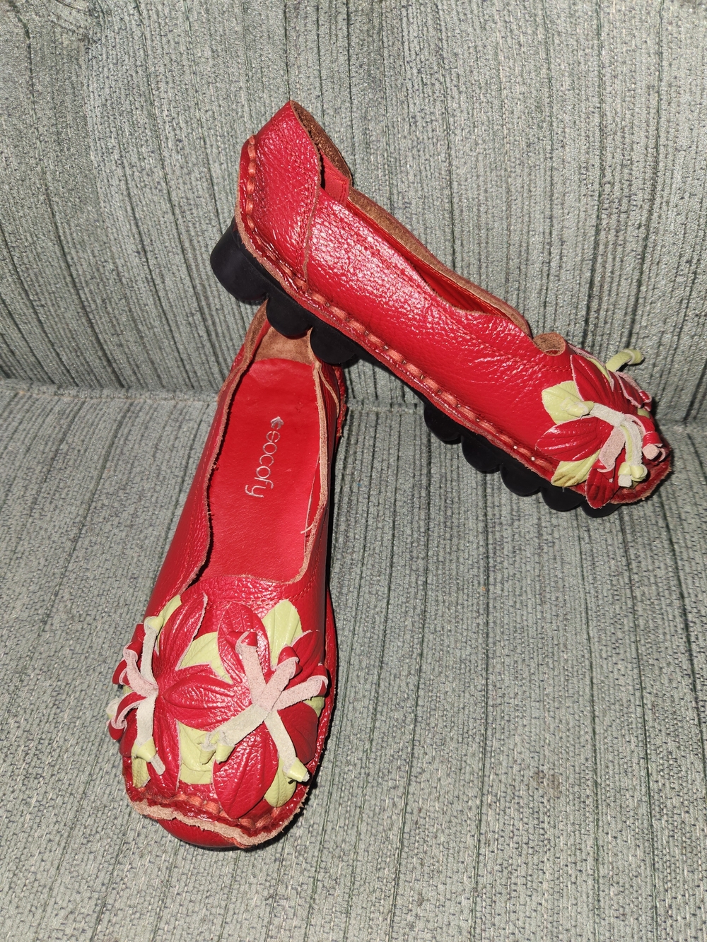 🍉Socofy Red Floral Leather Loafers With Cushioned Sole
